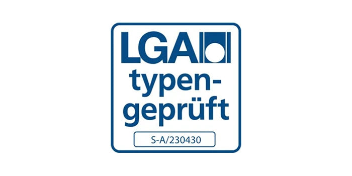 Blau-weißes LGA typen-geprüft Qualitätszertifikat mit der Prüfnummer S-A/230430 für geprüfte Sicherheit und Stabilität von Stelzlagern und Unterkonstruktionen