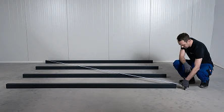 Handwerker beim Einmessen der linienförmigen Unterkonstruktion mit multiTUBE Profilschienen für die spätere Montage von Aluminium-Terrassendielen