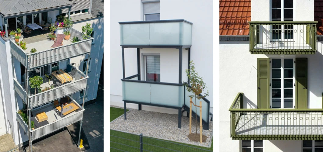 Drei Anwendungsbeispiele für moderne Balkonsanierungen mit Aluminium-Anbaubalkonen und verschiedenen Geländervarianten im Vorher-Nachher-Vergleich